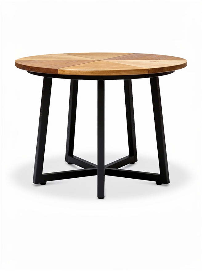 **Technische titel in het Nederlands: "Ronde houten tafel met metalen poten"**