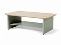 **Technische titel: "Moderne salontafel met een houten blad en groene basis"**