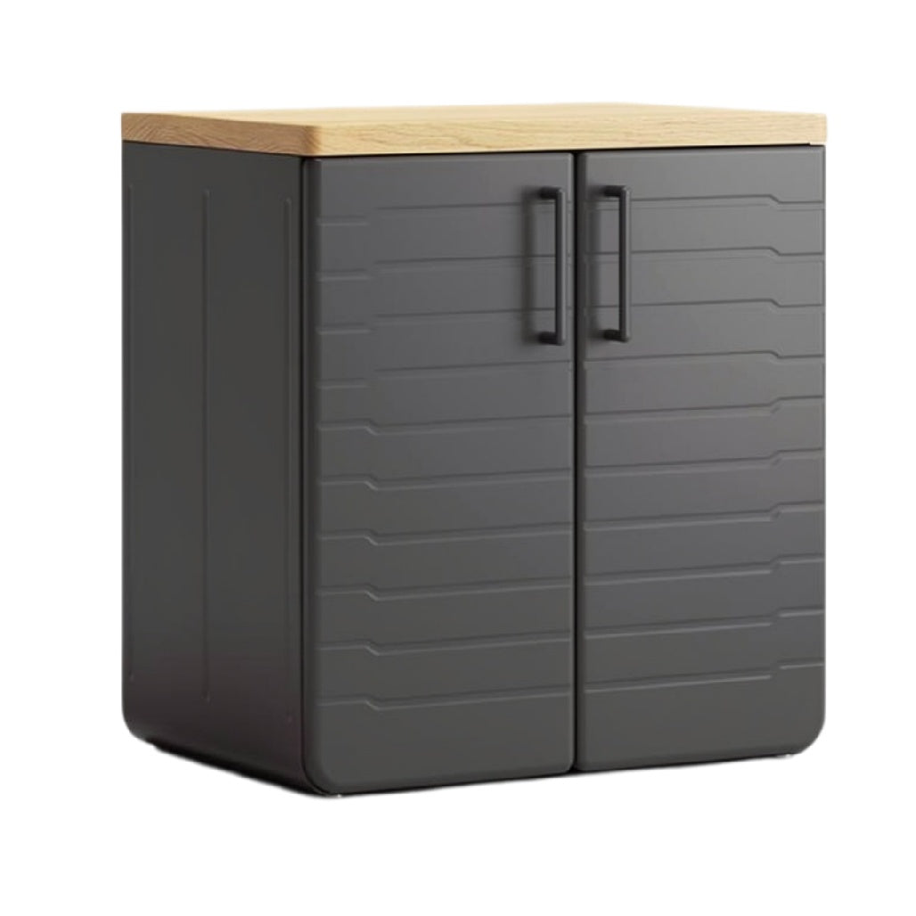 Moderne opbergkast met houten top en dubbele deuren