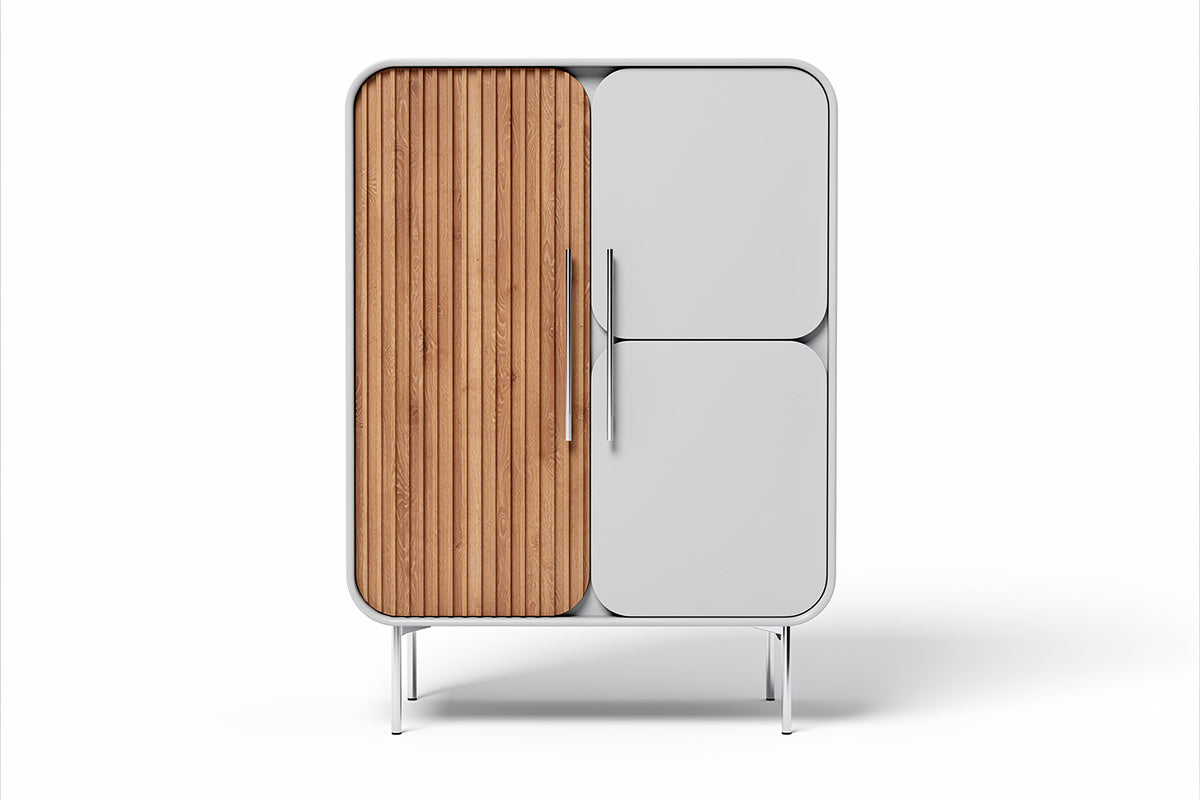 **Moderne Koelkast met Houten Deur en Minimalistisch Ontwerp**
