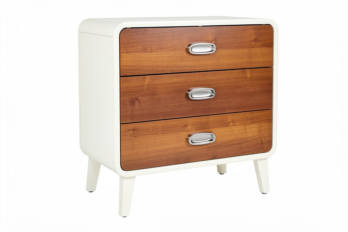 **Moderne nachtkast met drie lades en houten fronten**