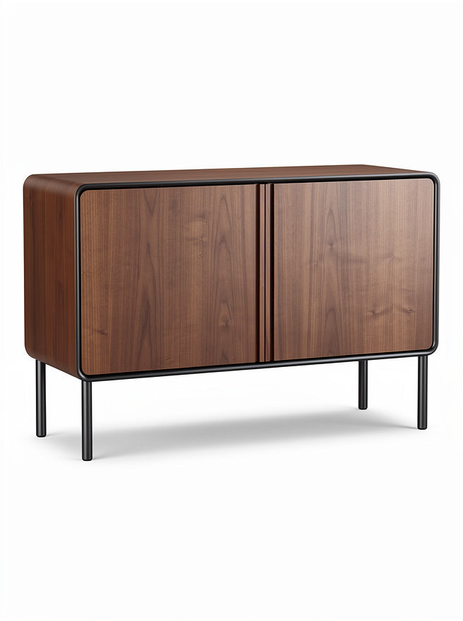 **Technische titel in het Nederlands: Modern houten dressoir met metalen poten**